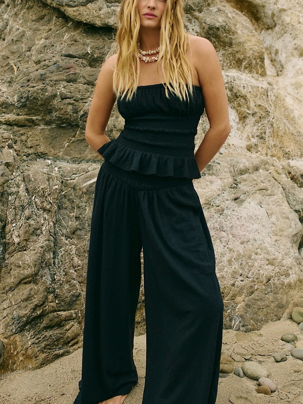 Free People Black Strapless Wide-Leg Jumpsuit